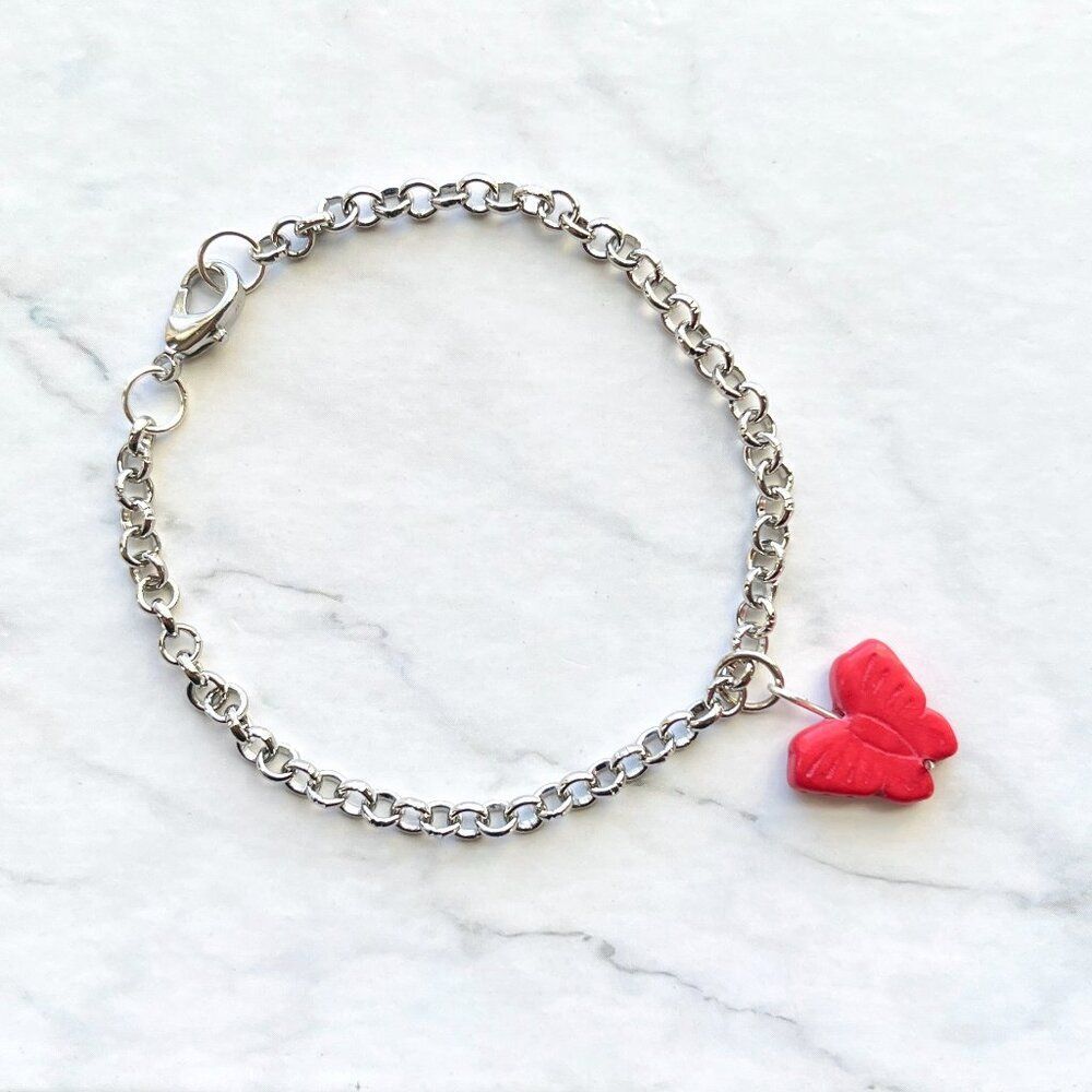 Red Butterfly Charm Silver Chain Bracelet
